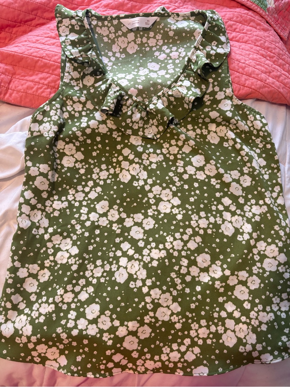 LC Lauren Conrad Olive Green Floral Ruffle Neck Dress